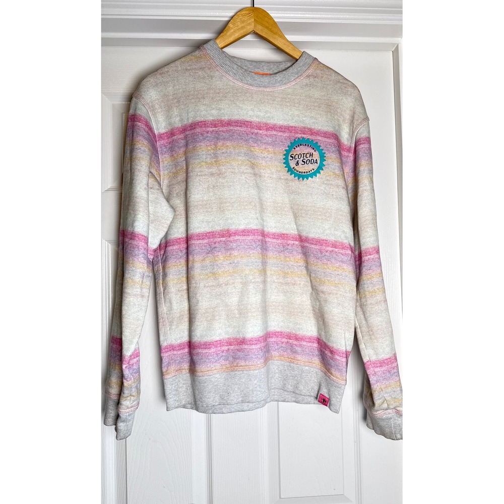 Scotch & Soda Sweatshirt Womens L Grey Pink Striped Summerdays Graphic Crewneck